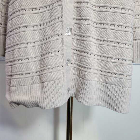 CJ Banks 1X Beige Crewneck Quarter Sleeve Clear Gem Button Up Knit Cardigan - Picture 3 of 12